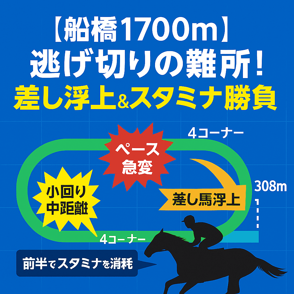 船橋競馬1700mにおいて差し馬やスタミナ型が台頭する展開傾向を解説した日本語インフォグラフィック